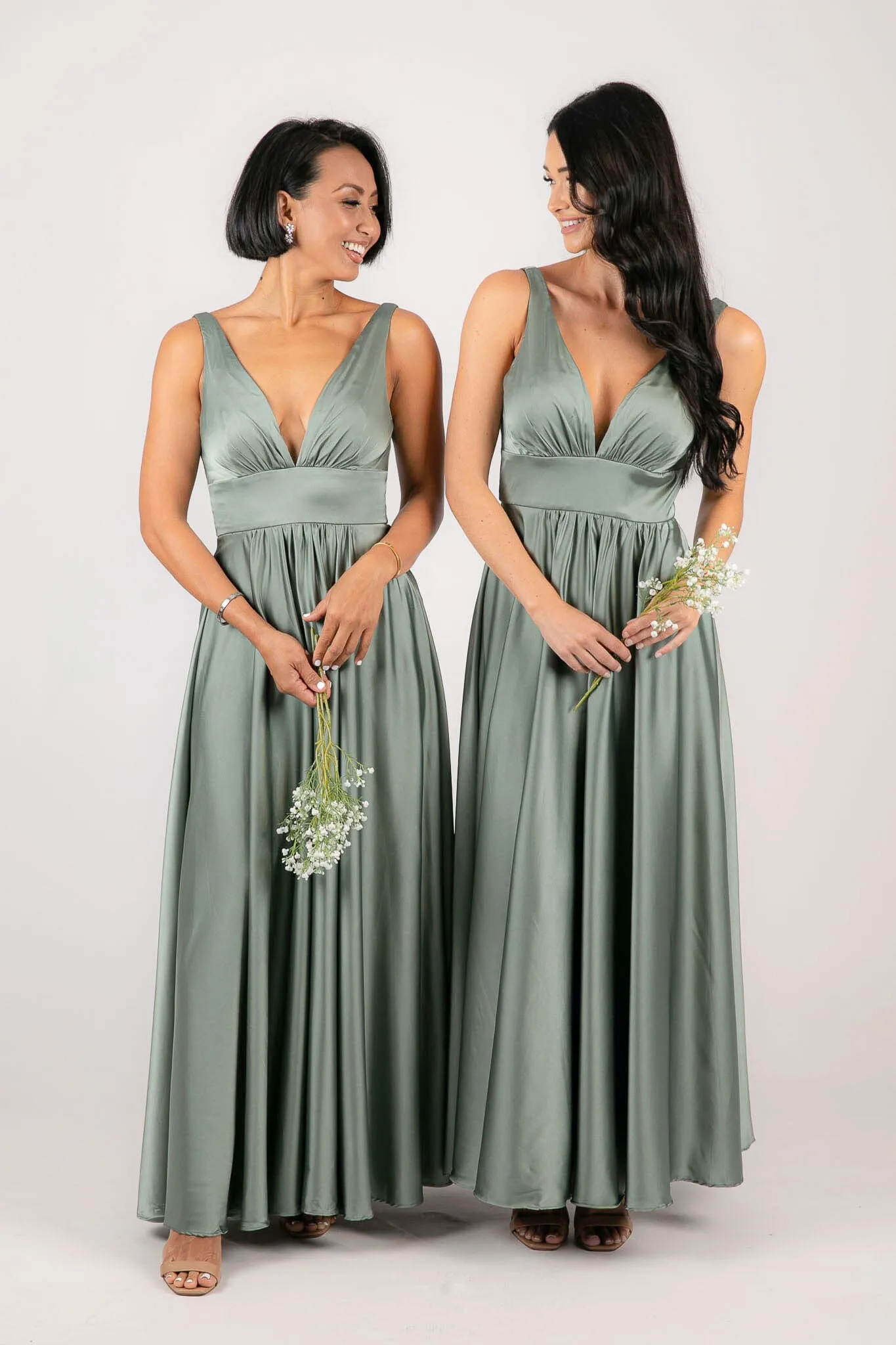 ISABEL A-Line Satin Maxi Dress - Sage Green