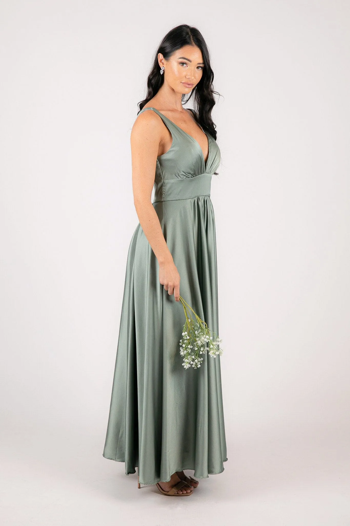 ISABEL A-Line Satin Maxi Dress - Sage Green