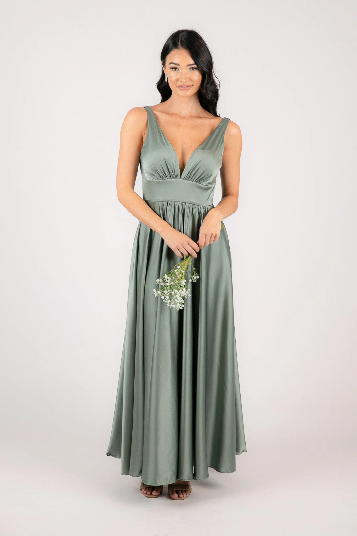 ISABEL A-Line Satin Maxi Dress - Sage Green