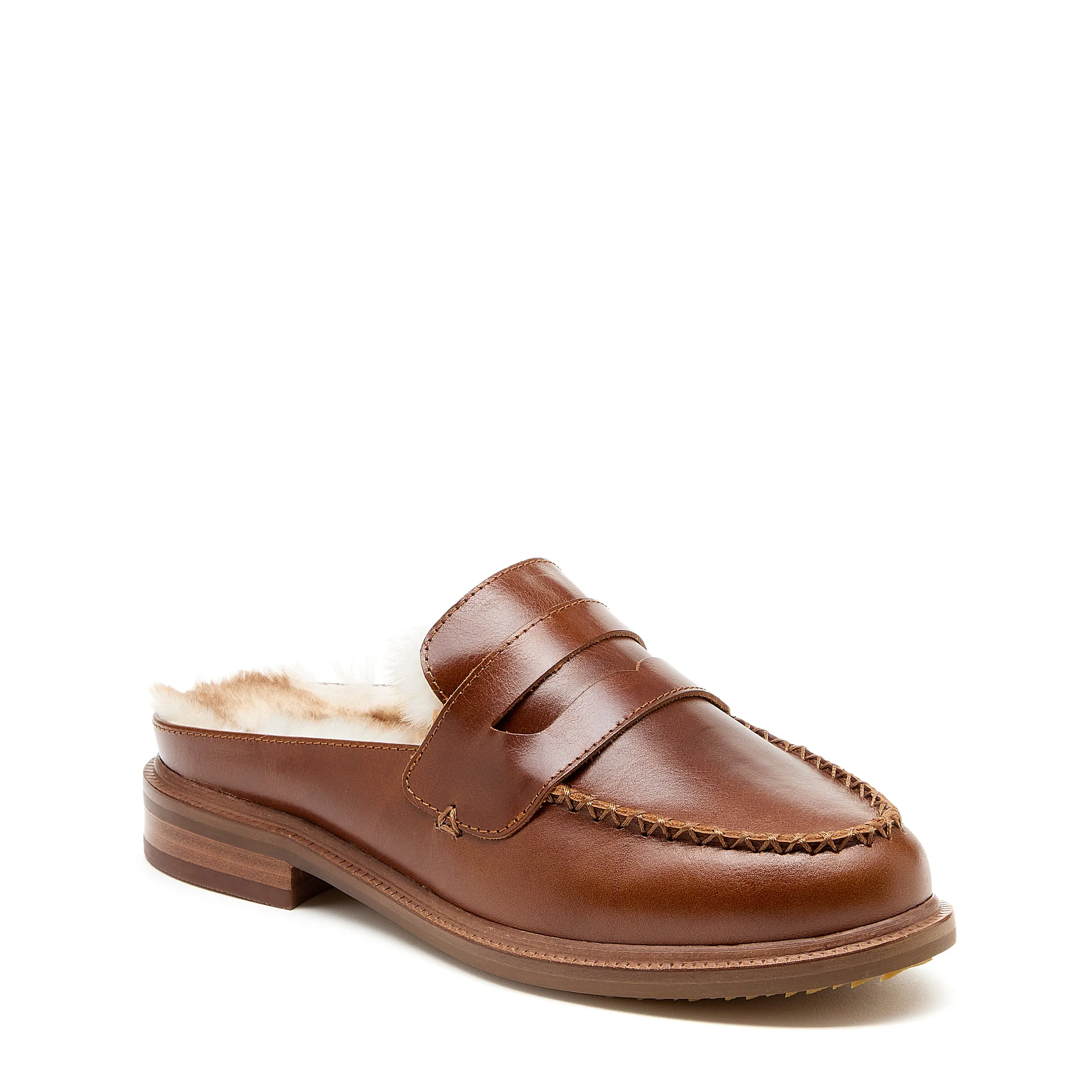 Lock Cognac Faux Fur Loafer Mules