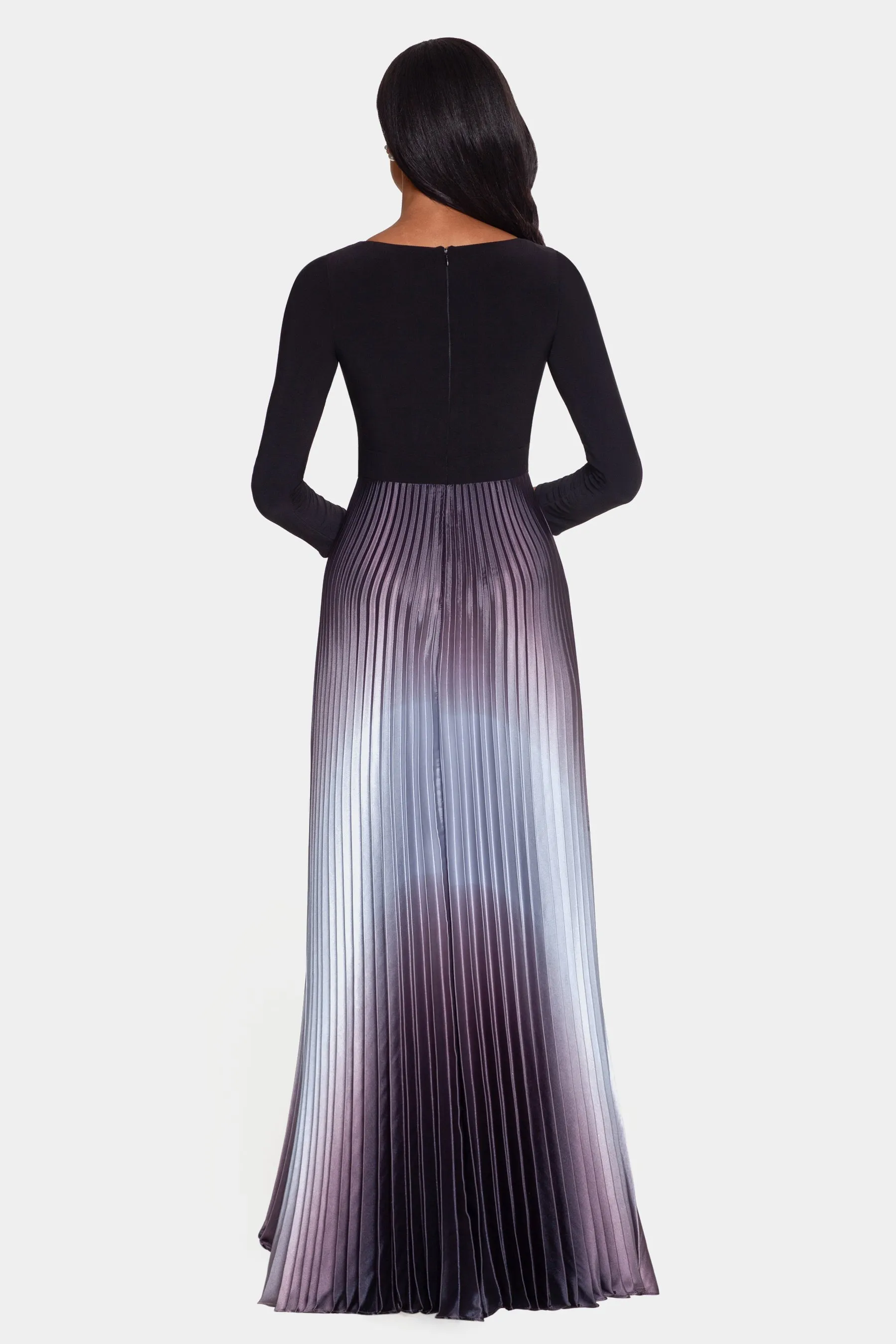 Long Sleeve Ombre Charmeuse Pleat Dress