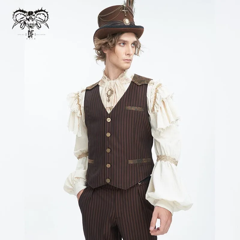 Men's Gothic Striped Faux Leather Splice Coffee Vest