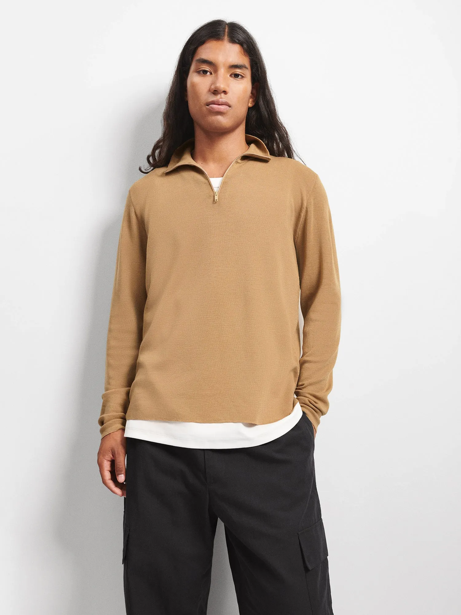 Mens Regenerative Merino Wool Half-Zip Sweater—camel