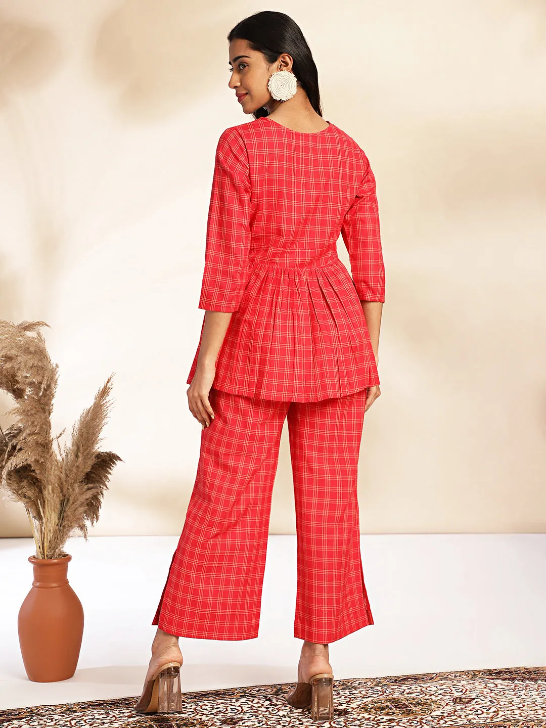 Red Cotton Checked Peplum Co-ord Set