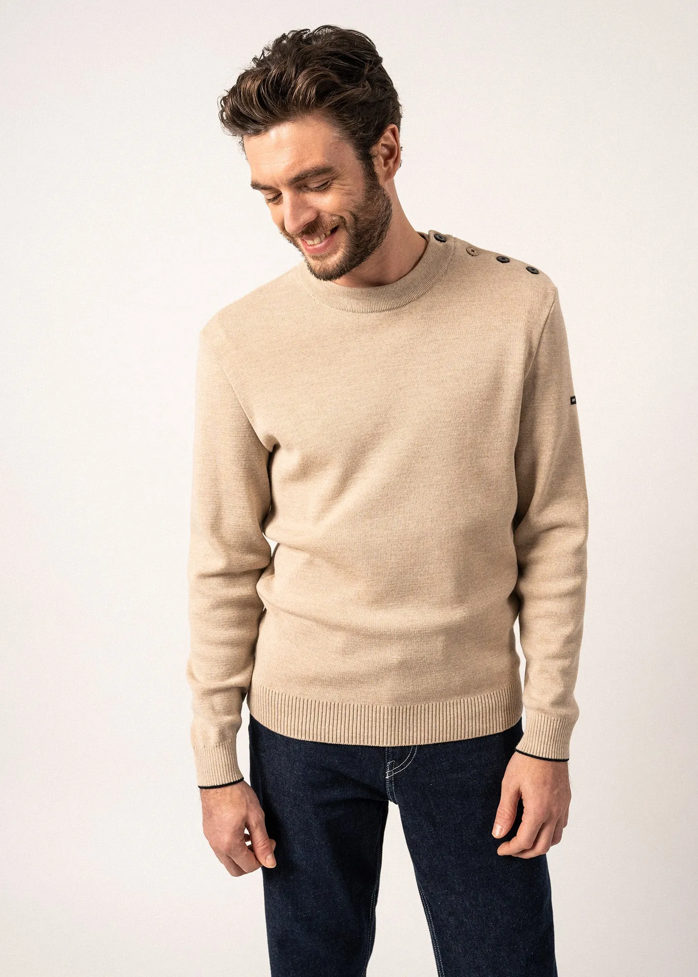 Rives sailor jumper in wool - buttoned round neck (BEIGE/NAVY)