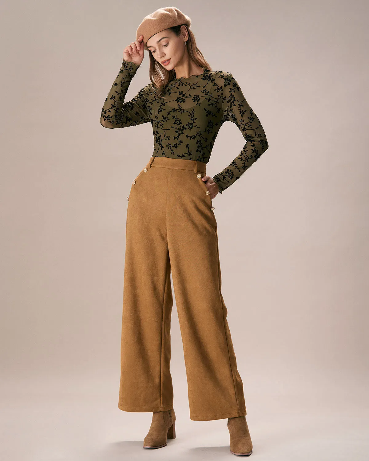 The Brown High Waisted Suede Straight Pants