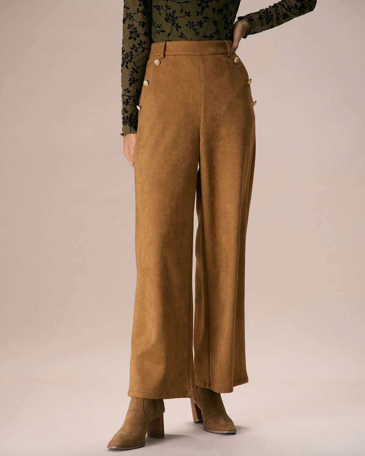 The Brown High Waisted Suede Straight Pants