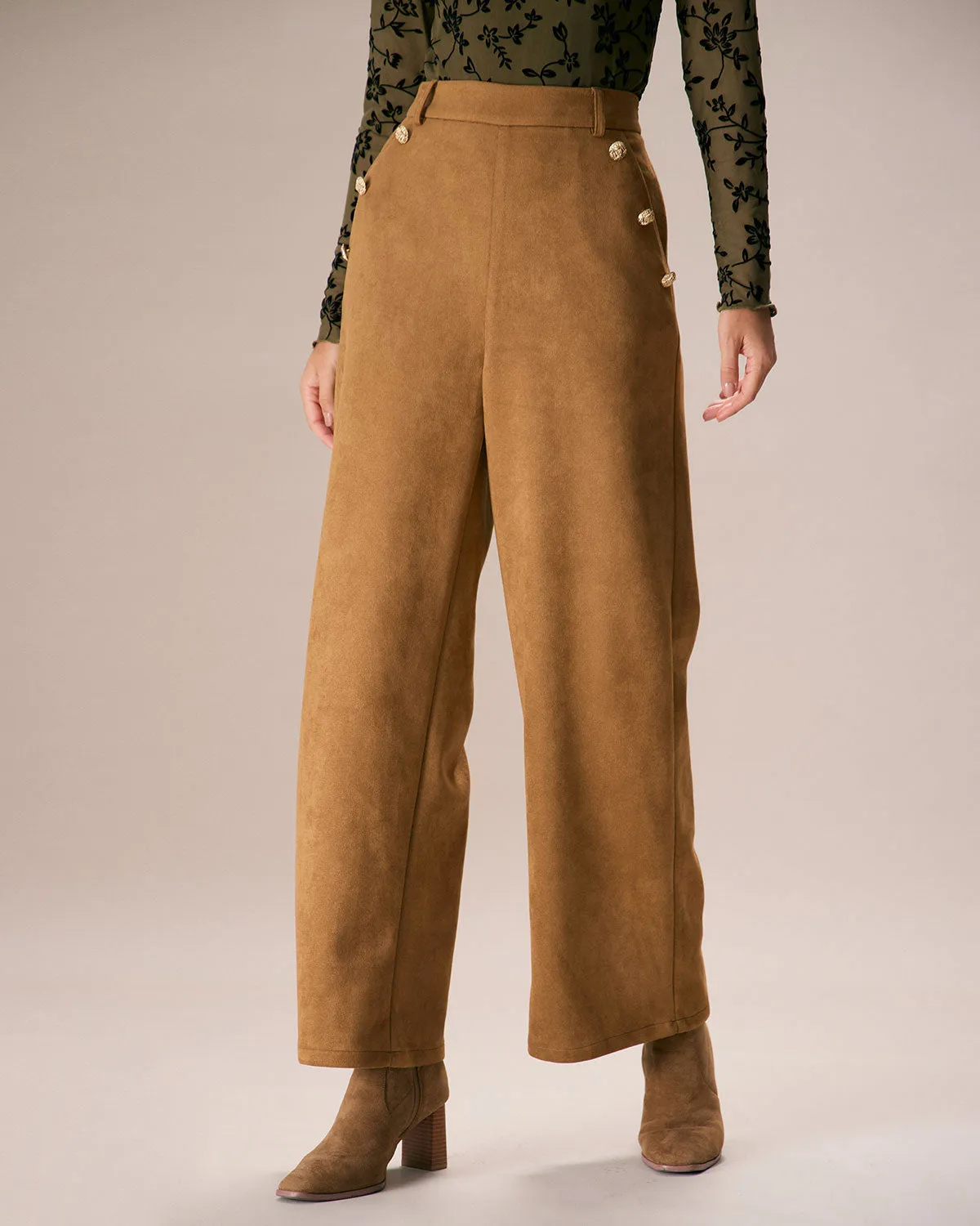 The Brown High Waisted Suede Straight Pants