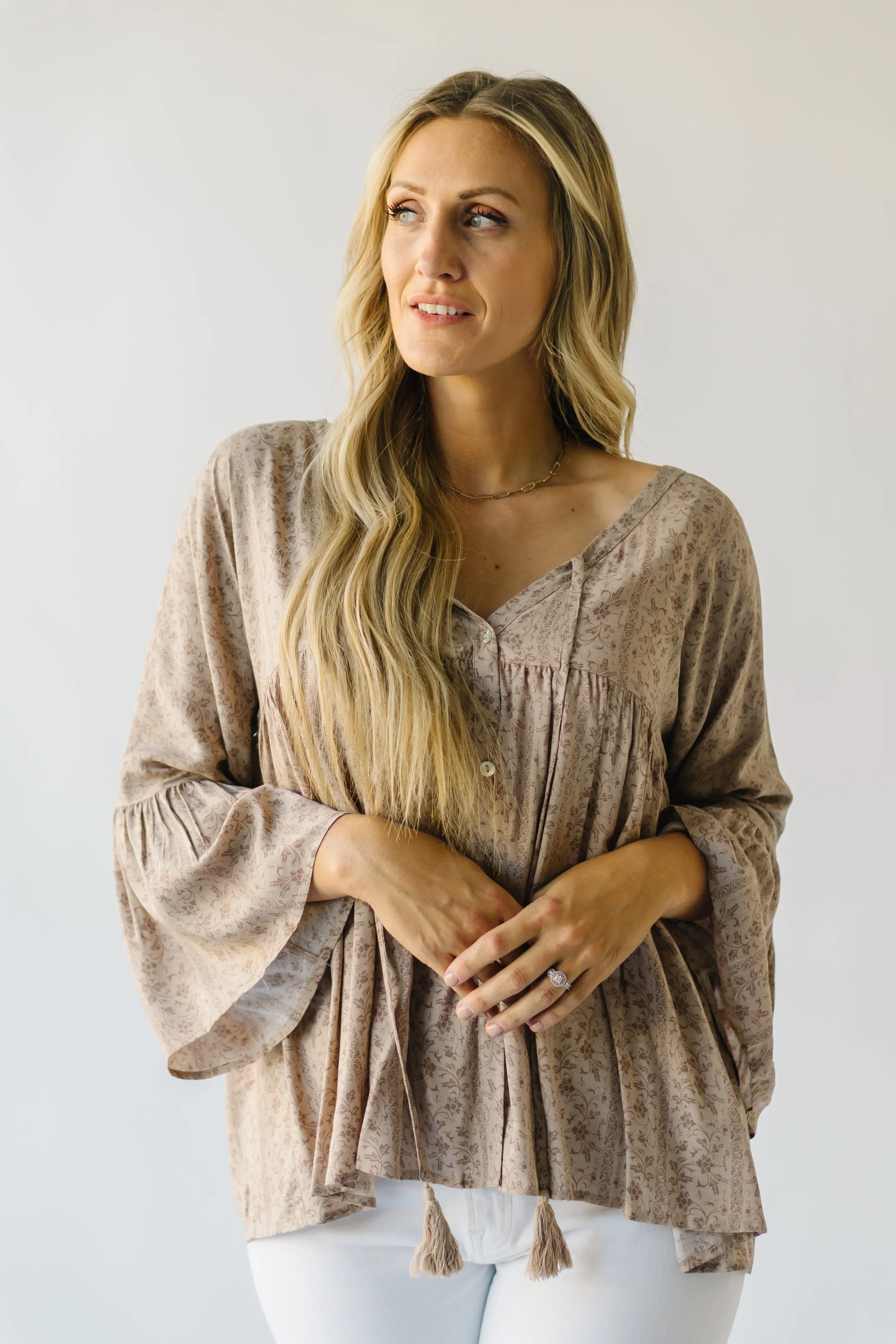 The Craigmont V-Neck Flare Blouse in Taupe