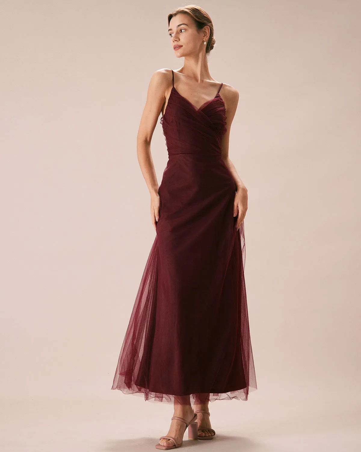 The Wine Red V Neck Mesh Wrap Maxi Dress