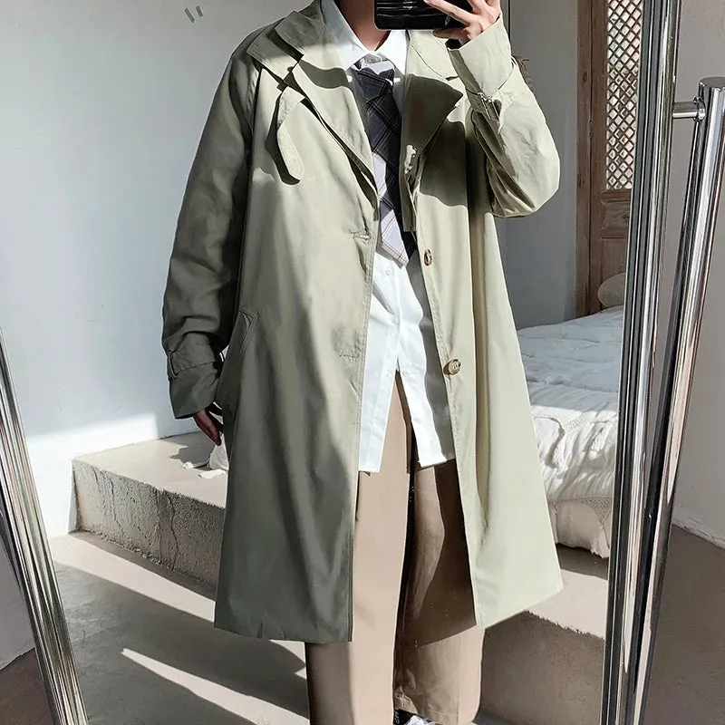 WIAOFELLAS -  Korean Style Men's Mid-length Fashion Windbreaker Handsome Outerwear Casual Coats Simple Long Jacket Black/green Trench