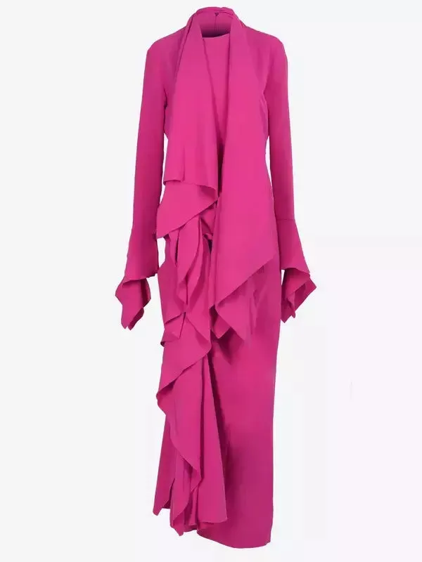 Women’s Draped Ruffled Crepe Scarf Maxi Dress in Pink