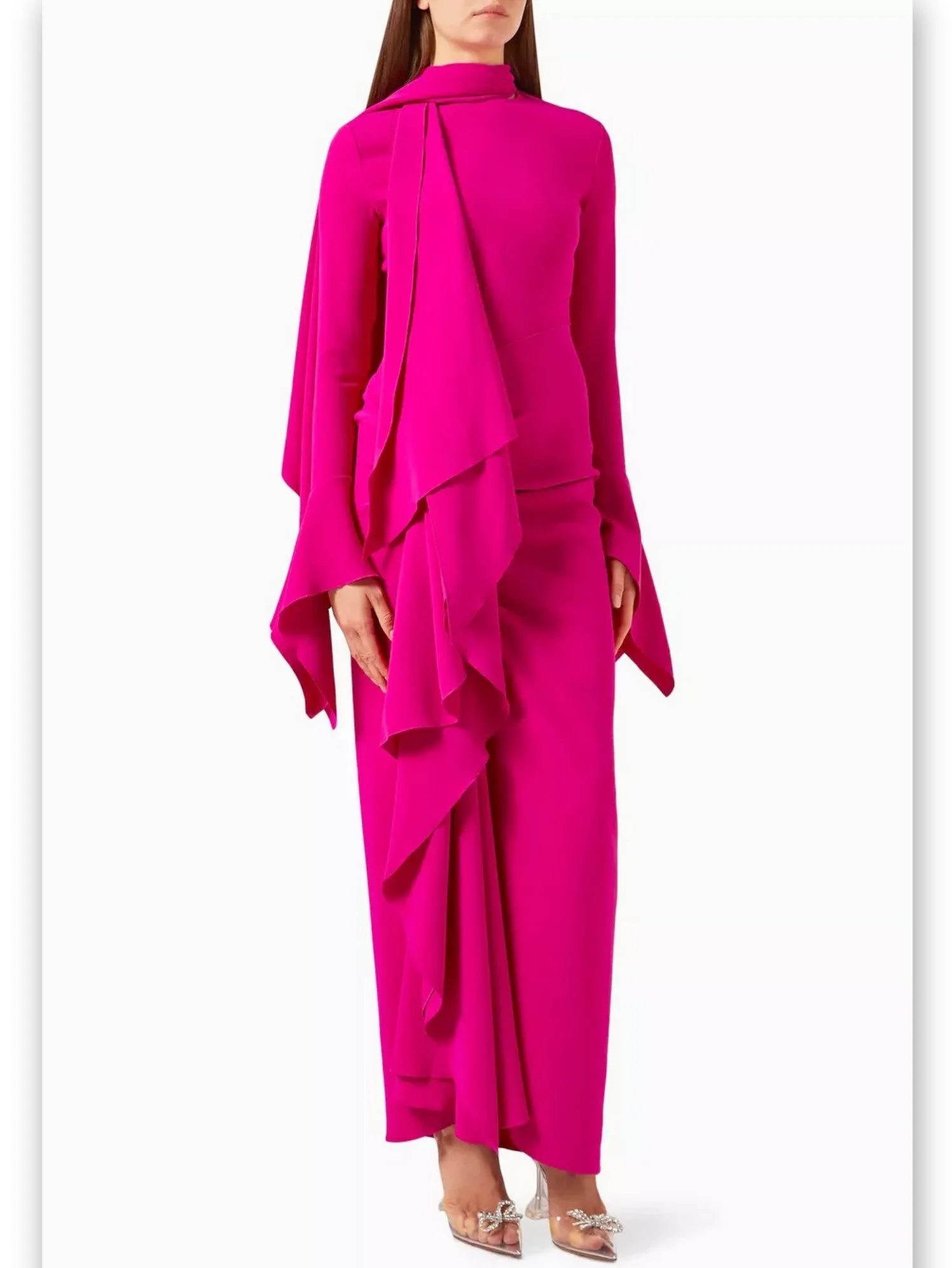 Women’s Draped Ruffled Crepe Scarf Maxi Dress in Pink