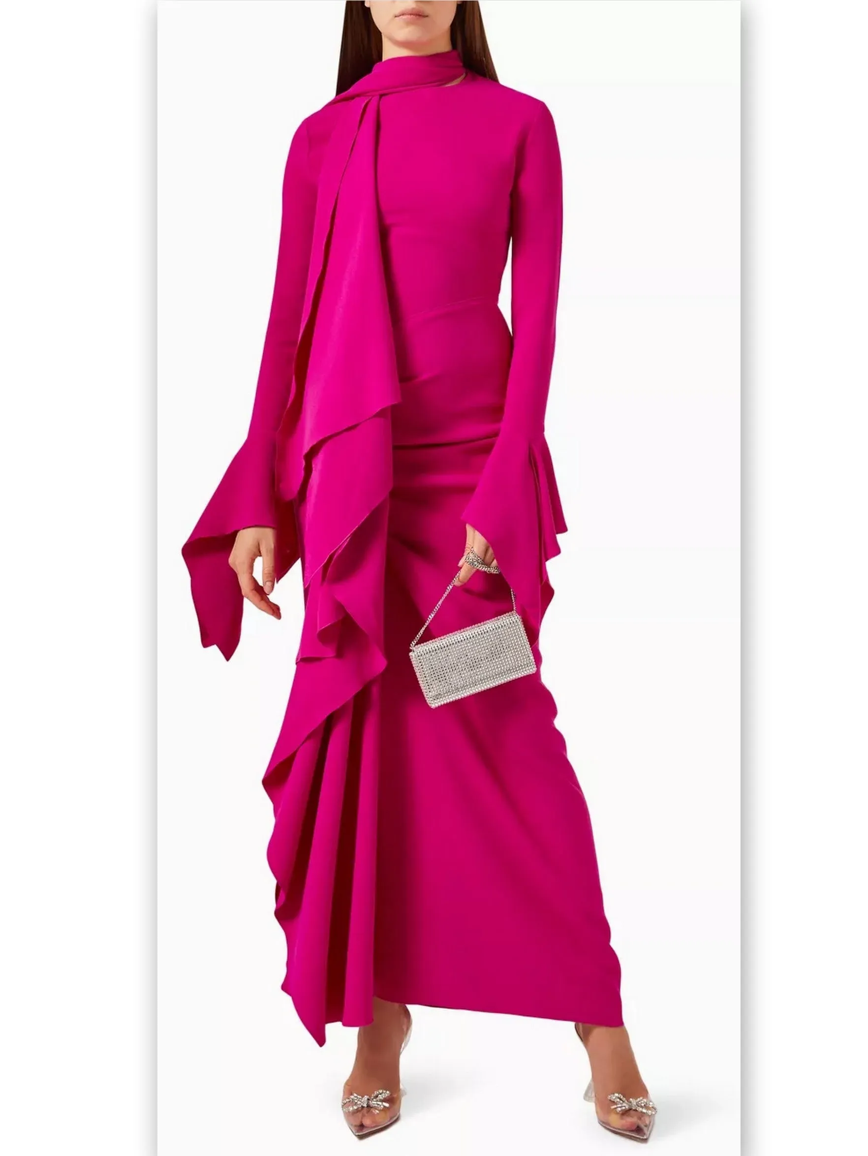 Women’s Draped Ruffled Crepe Scarf Maxi Dress in Pink